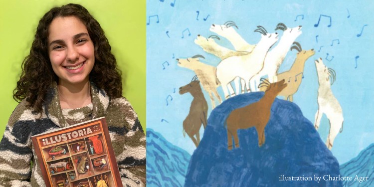 JBWC Youth Spotlight: Zelda, holding Issue #6: Music of Illustoria, next to the illustration of yodeling goats that accompanies her poem in the magazine.