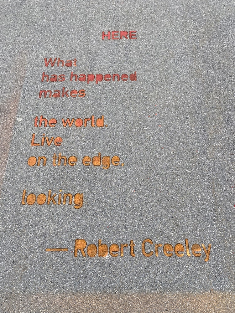 Robert Creeley Delaware Park red orange sidewalk poem "Here"