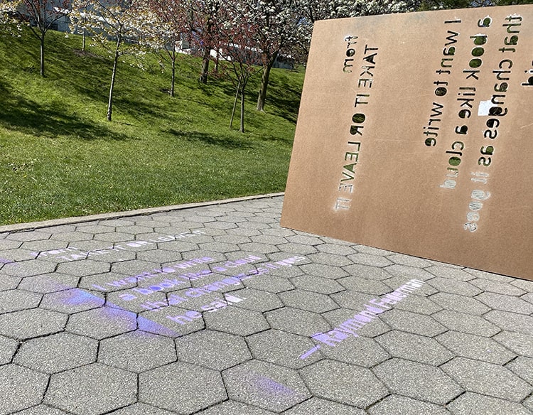 Raymond Federman sidewalk poem installation at Japanese Garden