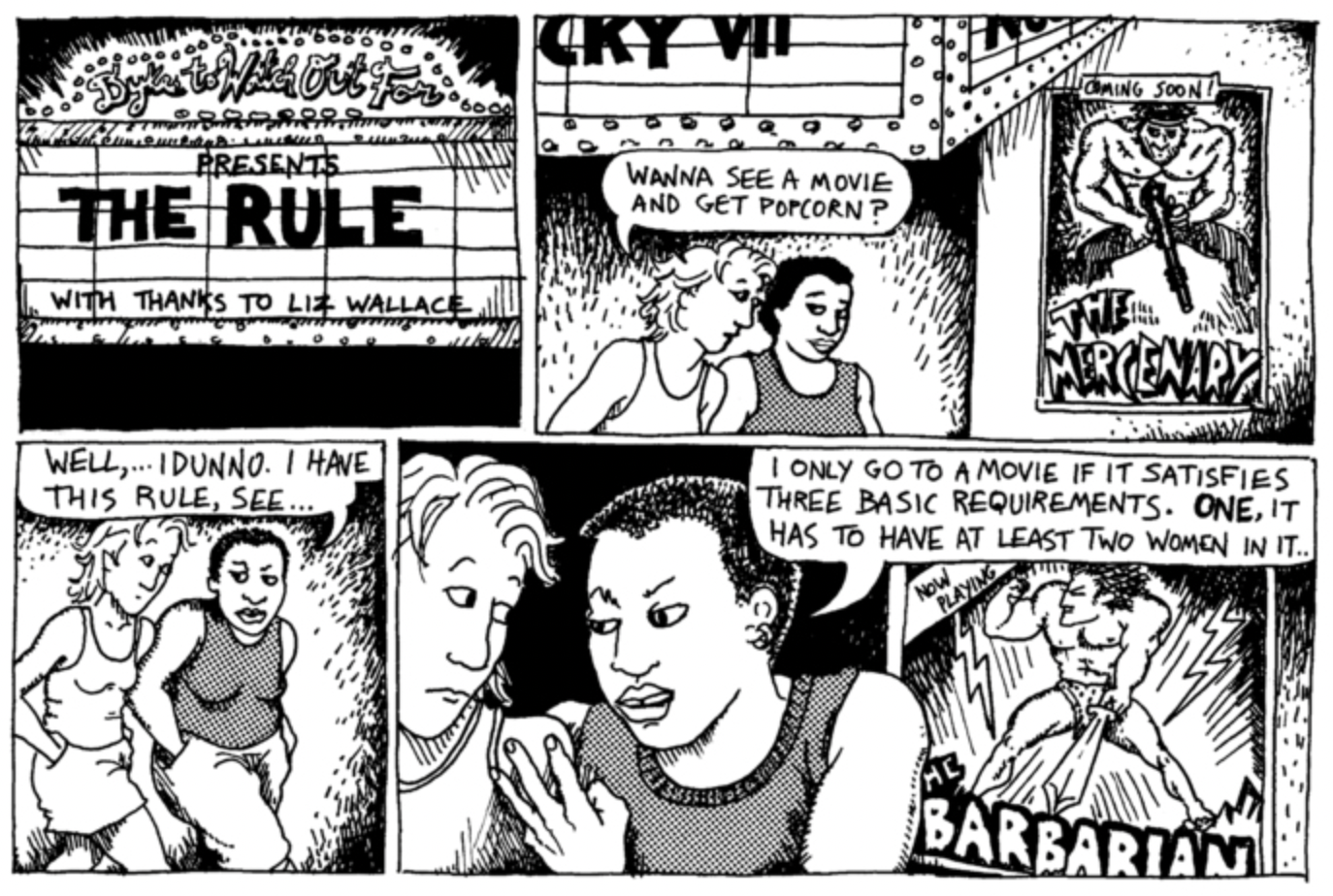 Comic panel of Alison Bechdel's Dykes to Watch Out For: "The Rule"