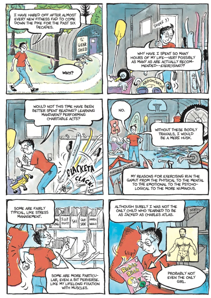 Six comic panes from Alison Bechdel's The Secret to Superhuman Strength