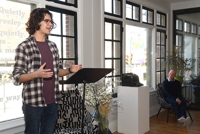 Theo JBWC Youth Ambassador introducing Anthony Doerr at the BABEL Student Event at the Writing Center 03302023 photo by Nancy J. Parisi
