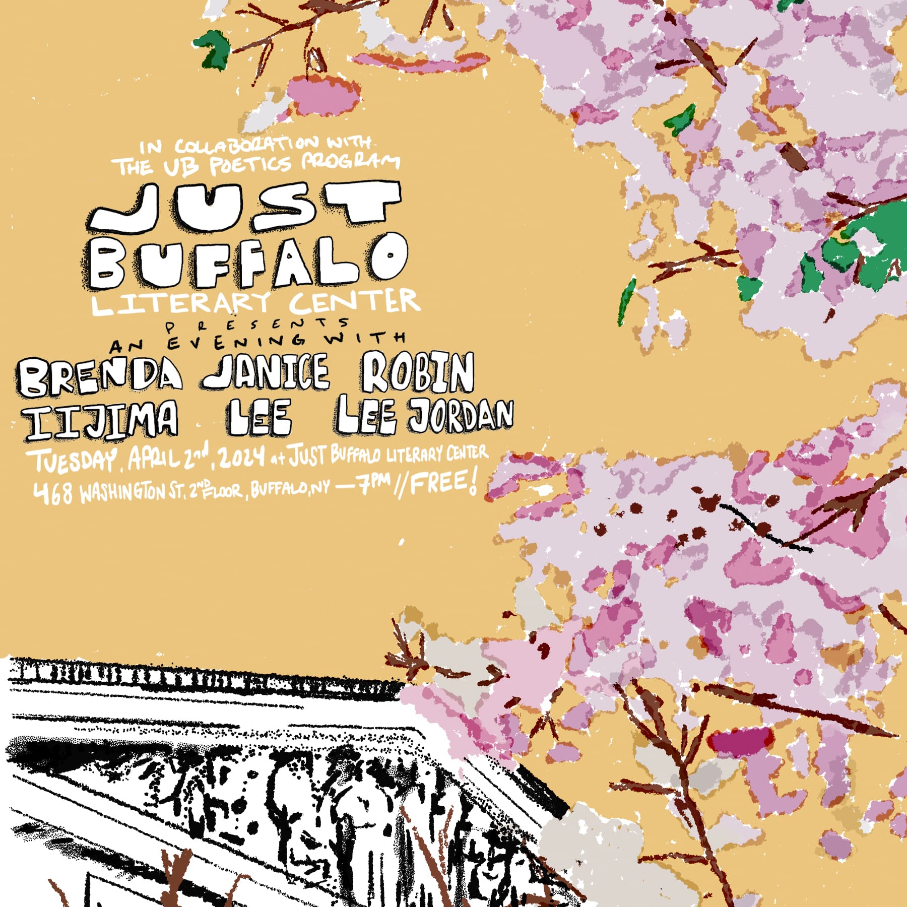 UB Poetics + Just Buffalo present Brenda Iijima, Janice Lee, & Robin Lee Jordan // graphic by Zach Pape