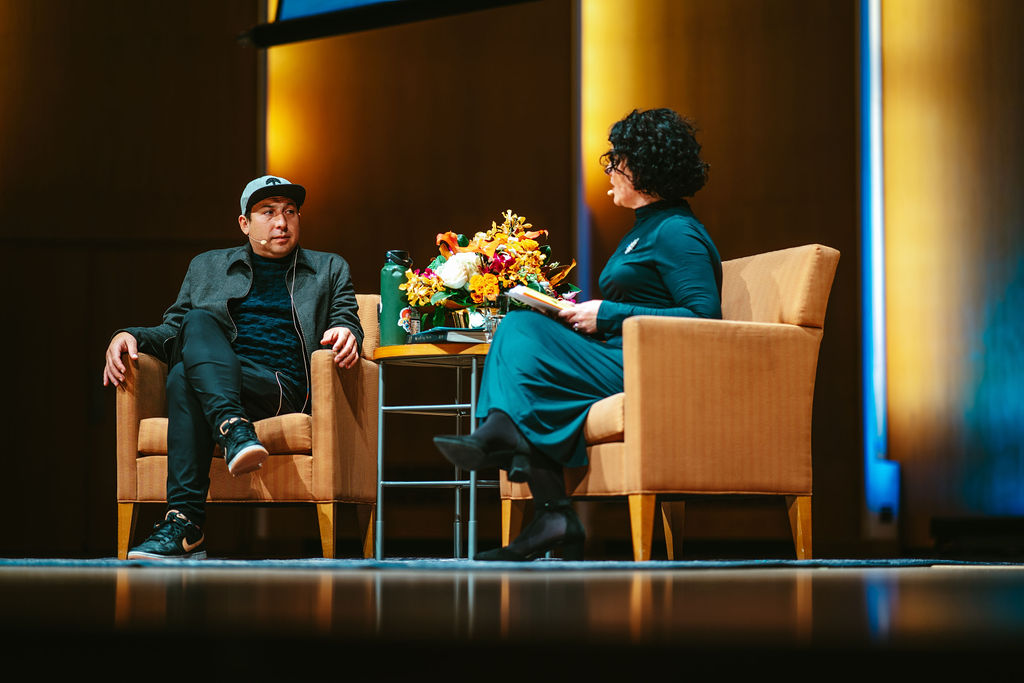 Tommy Orange in discussion with Barbara Cole at BABEL photo credit Pat Cray